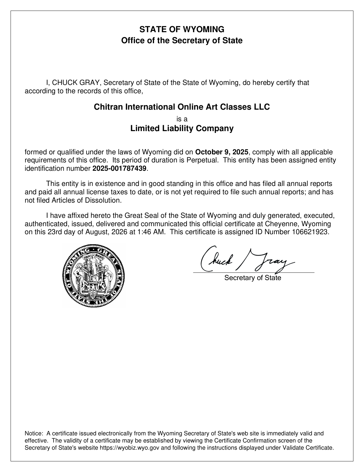 Official Wyoming Certificate of Good Standing issued to Chitran International Online Art Classes LLC